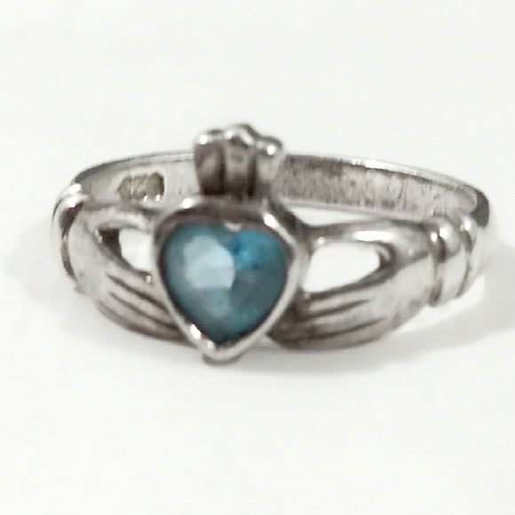 Vintage Blue Topaz Irish Sterling Claddagh Ring-6 - Picture 3 of 8